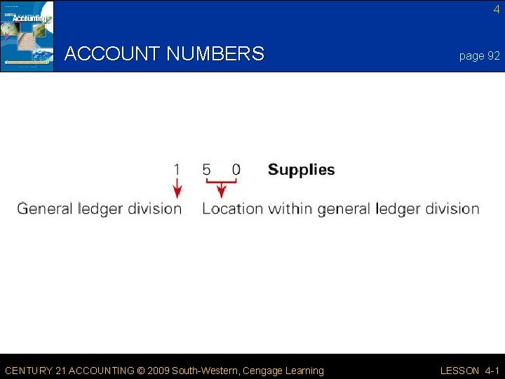 4 ACCOUNT NUMBERS CENTURY 21 ACCOUNTING © 2009 South-Western, Cengage Learning page 92 LESSON