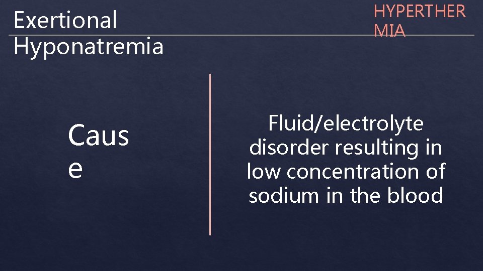 Exertional Hyponatremia Caus e HYPERTHER MIA Fluid/electrolyte disorder resulting in low concentration of sodium