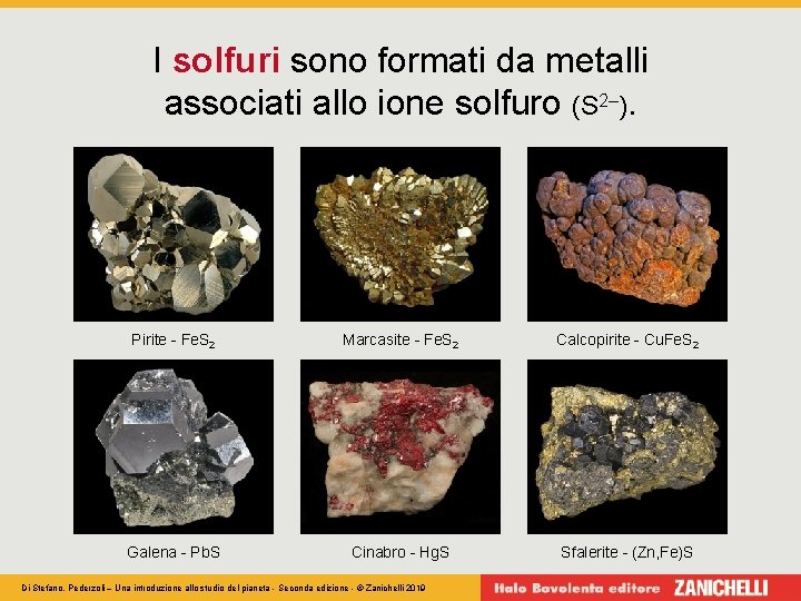 I solfuri sono formati da metalli associati allo ione solfuro (S 2–). Pirite -