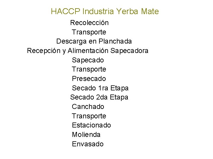 HACCP Industria Yerba Mate Recolección Transporte Descarga en Planchada Recepción y Alimentación Sapecadora Sapecado