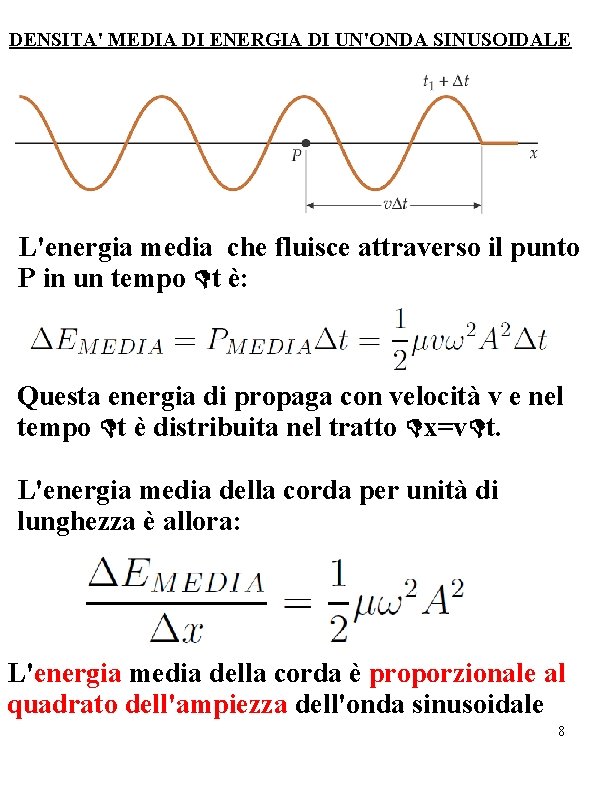 DENSITA' MEDIA DI ENERGIA DI UN'ONDA SINUSOIDALE L'energia media che fluisce attraverso il punto