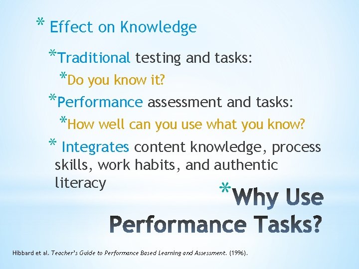 * Effect on Knowledge *Traditional testing and tasks: *Do you know it? *Performance assessment