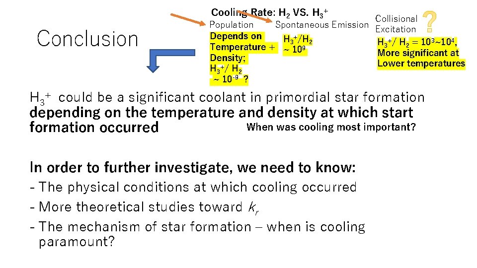 Cooling Rate: H 2 VS. H 3+ Conclusion Population Spontaneous Emission Depends on H