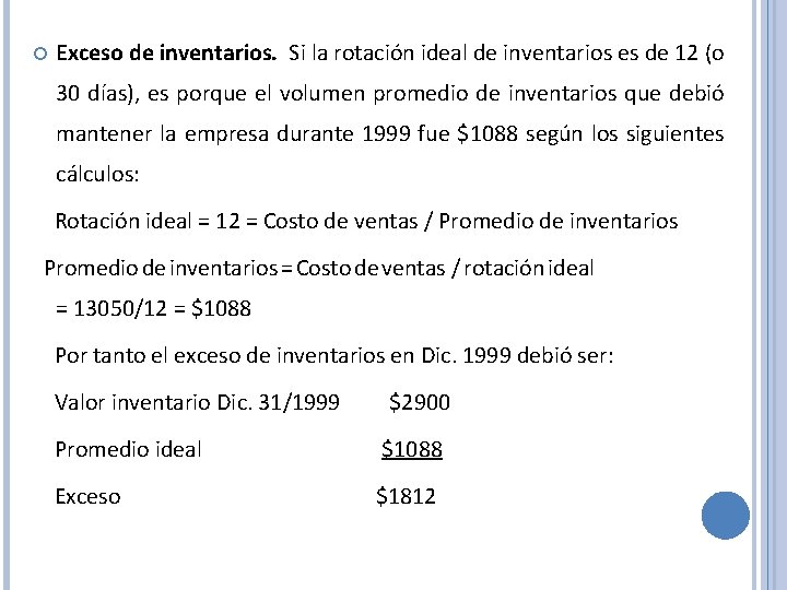  Exceso de inventarios. Si la rotación ideal de inventarios es de 12 (o