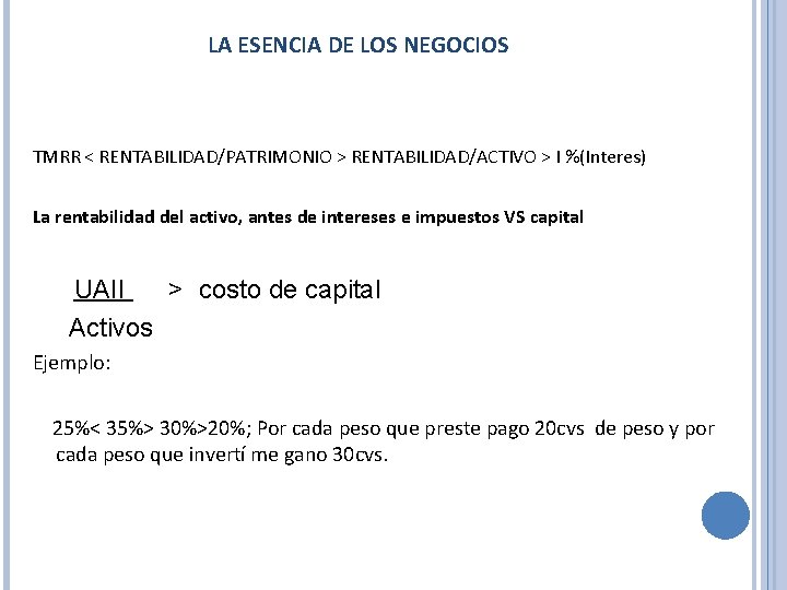 LA ESENCIA DE LOS NEGOCIOS TMRR < RENTABILIDAD/PATRIMONIO > RENTABILIDAD/ACTIVO > I %(Interes) La