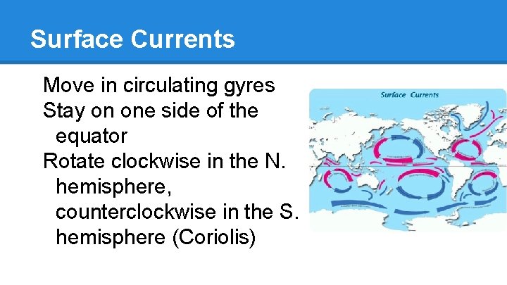 Surface Currents Move in circulating gyres Stay on one side of the equator Rotate