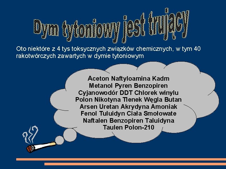 Oto niektóre z 4 tys toksycznych związków chemicznych, w tym 40 rakotwórczych zawartych w