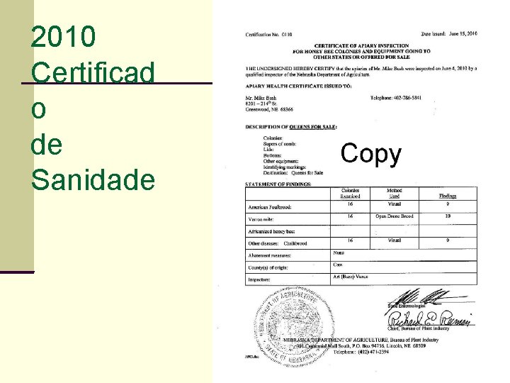 2010 Certificad o de Sanidade 