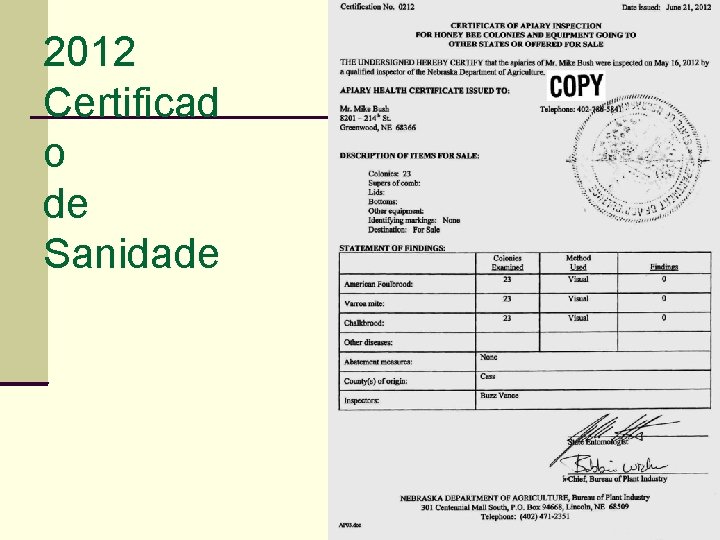 2012 Certificad o de Sanidade 