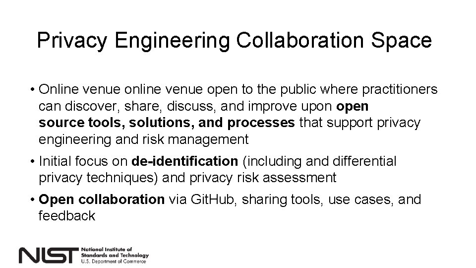 Privacy Engineering Collaboration Space • Online venue open to the public where practitioners can