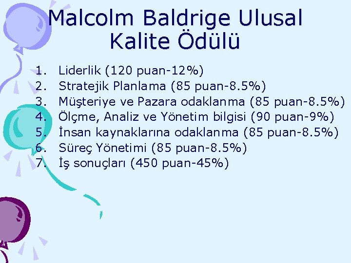 Malcolm Baldrige Ulusal Kalite Ödülü 1. 2. 3. 4. 5. 6. 7. Liderlik (120