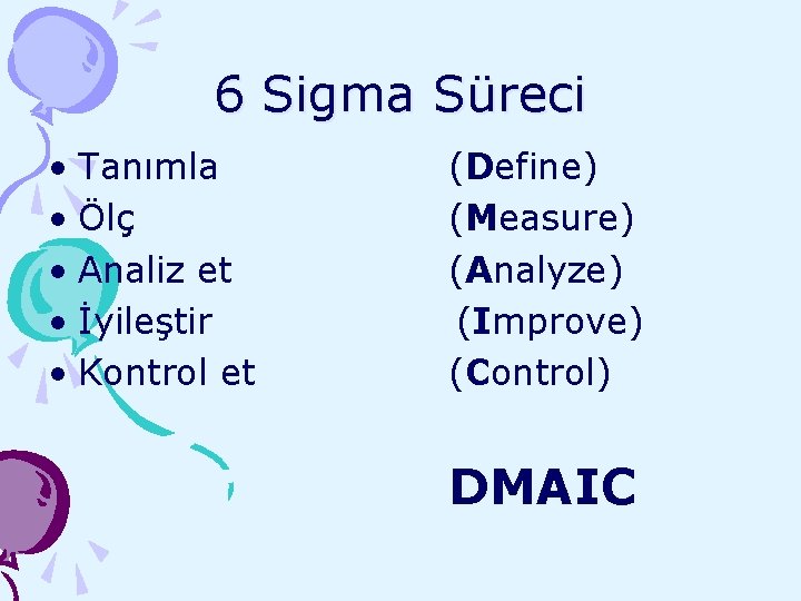 6 Sigma Süreci • Tanımla • Ölç • Analiz et • İyileştir • Kontrol