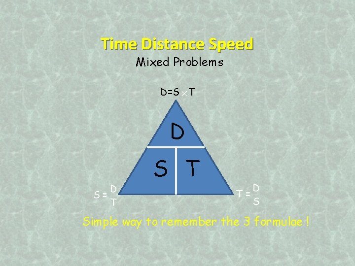 Time Distance Speed Mixed Problems D=S T D S T Simple way to remember