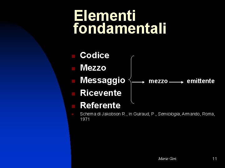 Elementi fondamentali n n n Codice Mezzo Messaggio Ricevente Referente mezzo emittente Schema di