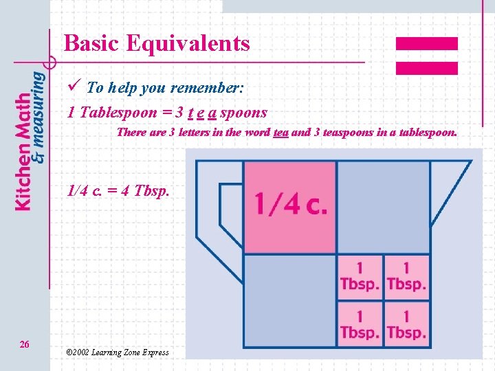 Basic Equivalents ü To help you remember: 1 Tablespoon = 3 t e a