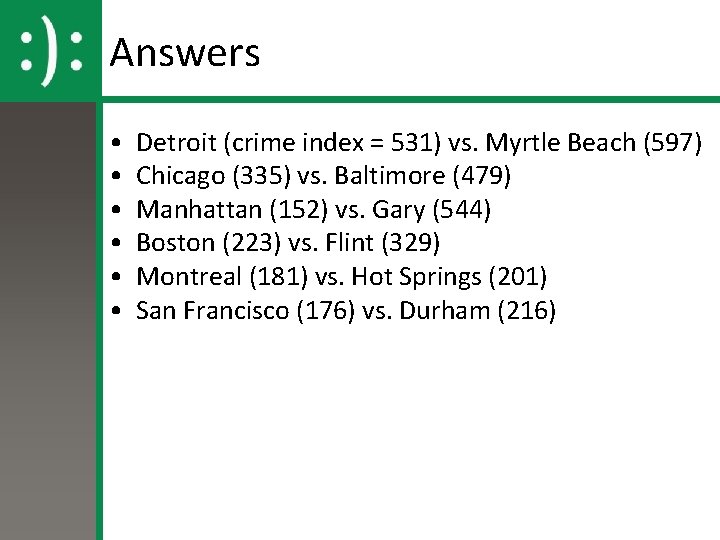 Answers • • • Detroit (crime index = 531) vs. Myrtle Beach (597) Chicago