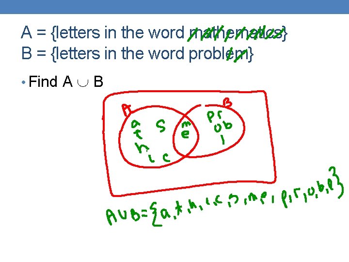 A = {letters in the word mathematics} B = {letters in the word problem}