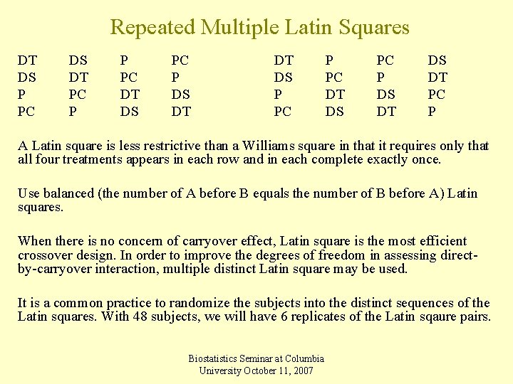 Repeated Multiple Latin Squares DT DS P PC DS DT PC P P PC