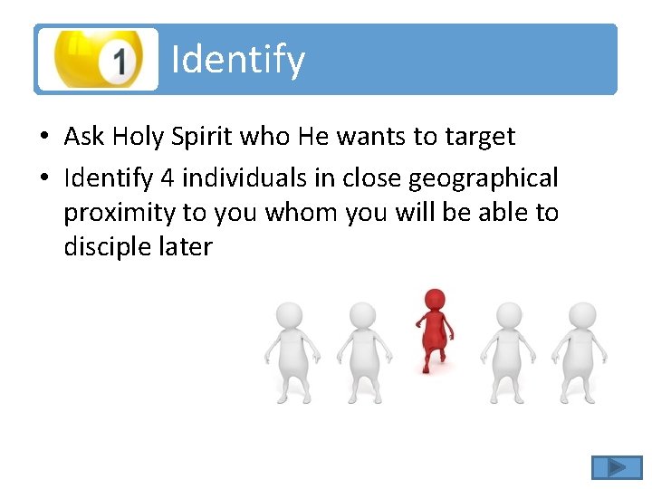 Identify • Ask Holy Spirit who He wants to target • Identify 4 individuals