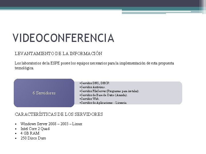 VIDEOCONFERENCIA LEVANTAMIENTO DE LA INFORMACIÓN Los laboratorios de la ESPE posee los equipos necesarios VIDEOCONFERENCIA LEVANTAMIENTO DE LA INFORMACIÓN Los laboratorios de la ESPE posee los equipos necesarios