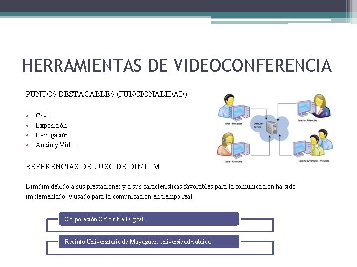 HERRAMIENTAS DE VIDEOCONFERENCIA PUNTOS DESTACABLES (FUNCIONALIDAD) • • Chat Exposición Navegación Audio y Video