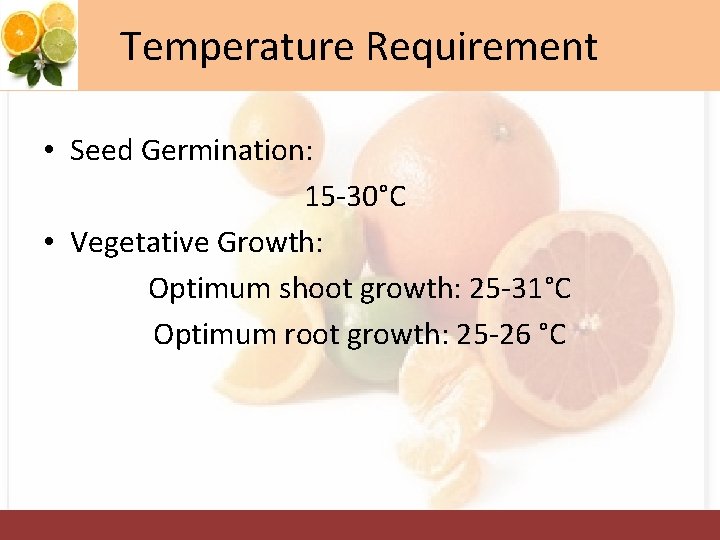 Temperature Requirement • Seed Germination: 15 -30°C • Vegetative Growth: Optimum shoot growth: 25