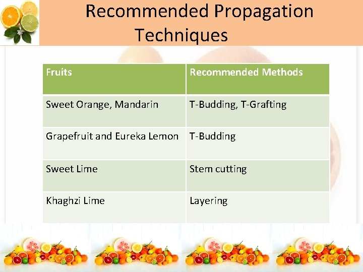 Recommended Propagation Techniques Fruits Recommended Methods Sweet Orange, Mandarin T-Budding, T-Grafting Grapefruit and Eureka