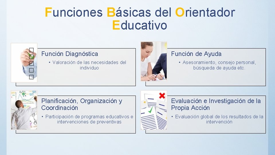 Funciones Básicas del Orientador Educativo Función Diagnóstica • Valoración de las necesidades del individuo