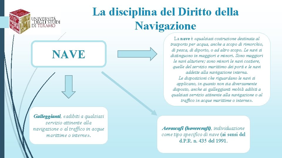 La disciplina del Diritto della Navigazione NAVE Galleggianti, «adibiti a qualsiasi servizio attinente alla