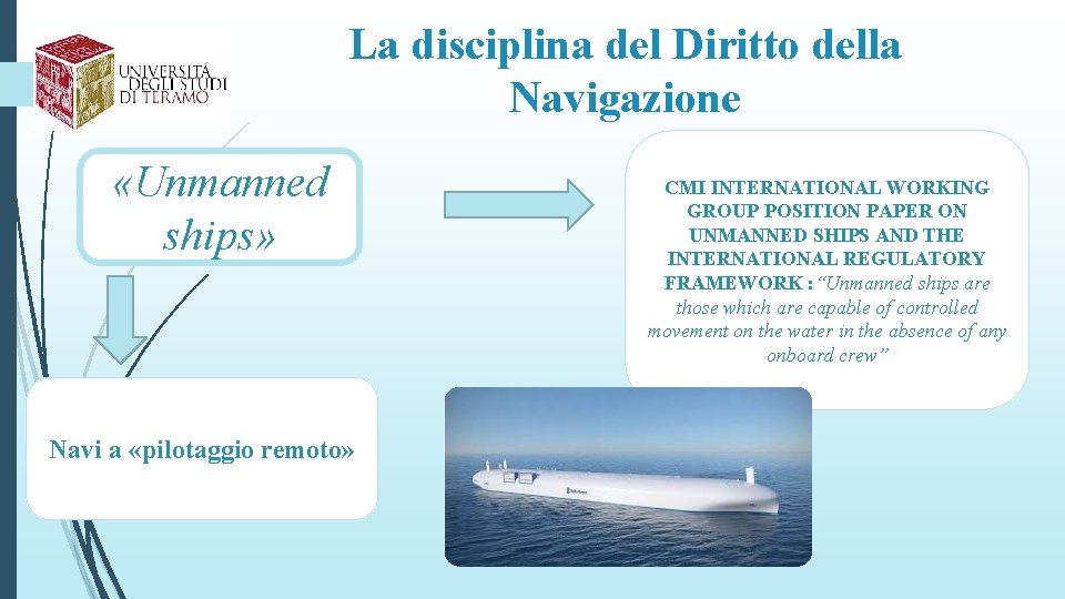 La disciplina del Diritto della Navigazione «Unmanned ships» Navi a «pilotaggio remoto» CMI INTERNATIONAL