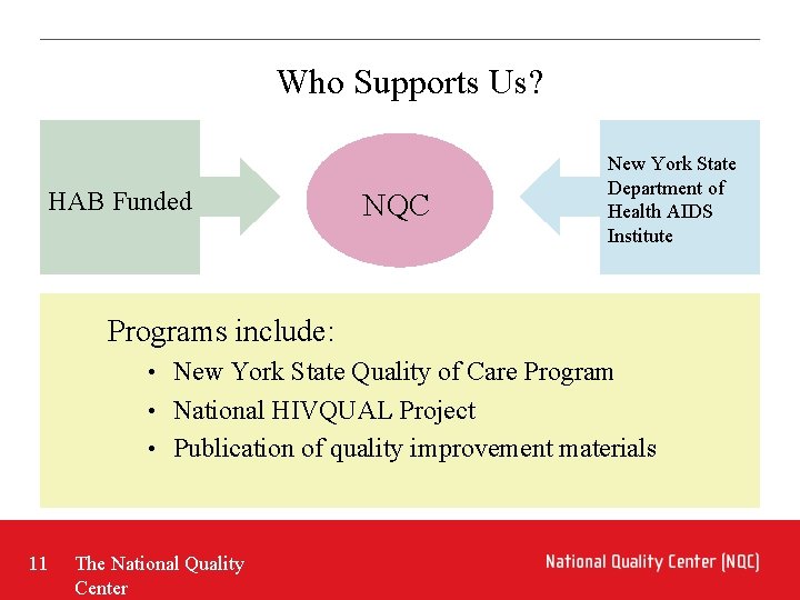 Who Supports Us? HAB Funded NQC New York State Department of Health AIDS Institute