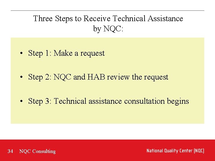 Three Steps to Receive Technical Assistance by NQC: • Step 1: Make a request