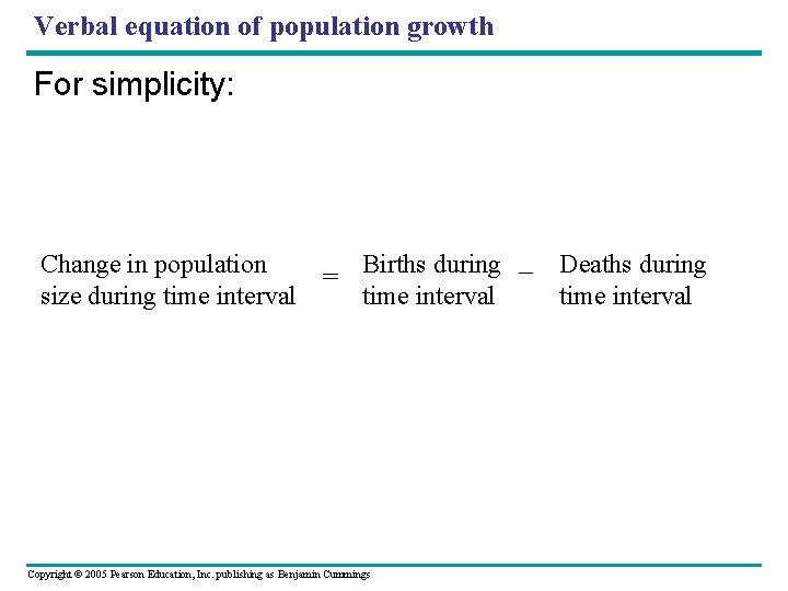 Verbal equation of population growth For simplicity: Change in population size during time interval