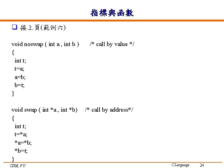 指標與函數 q 接上頁(範例六) void noswap ( int a , int b ) { int