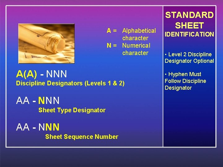 A = Alphabetical character N = Numerical character A(A) - NNN Discipline Designators (Levels