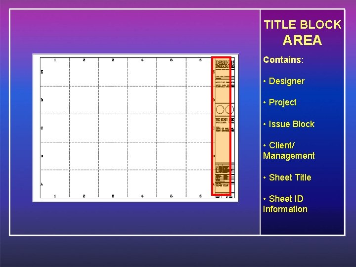TITLE BLOCK AREA Contains: • Designer • Project • Issue Block • Client/ Management