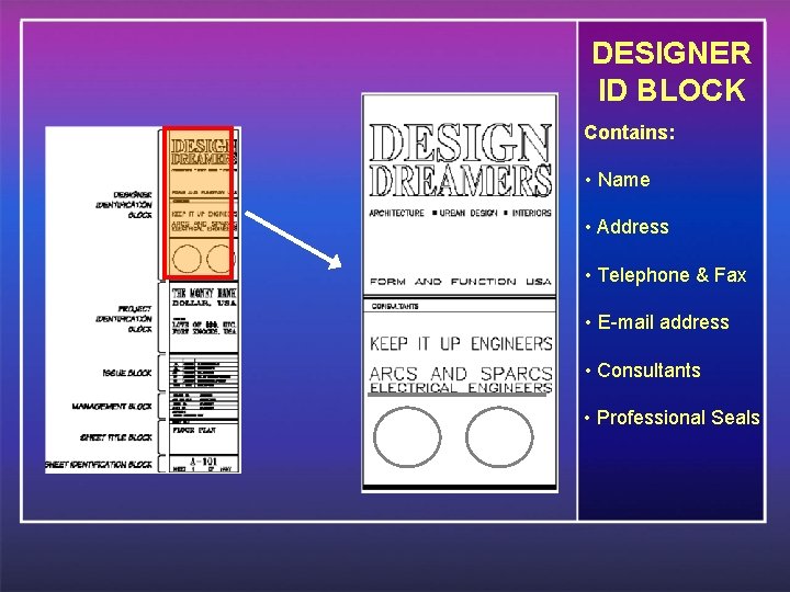 DESIGNER ID BLOCK Contains: • Name • Address • Telephone & Fax • E-mail