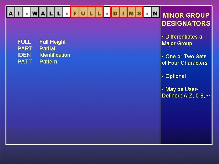 MINOR GROUP DESIGNATORS FULL PART IDEN PATT Full Height Partial Identification Pattern • Differentiates