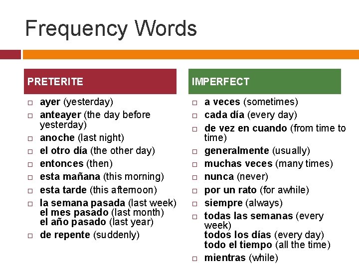 Frequency Words PRETERITE ayer (yesterday) anteayer (the day before yesterday) anoche (last night) el