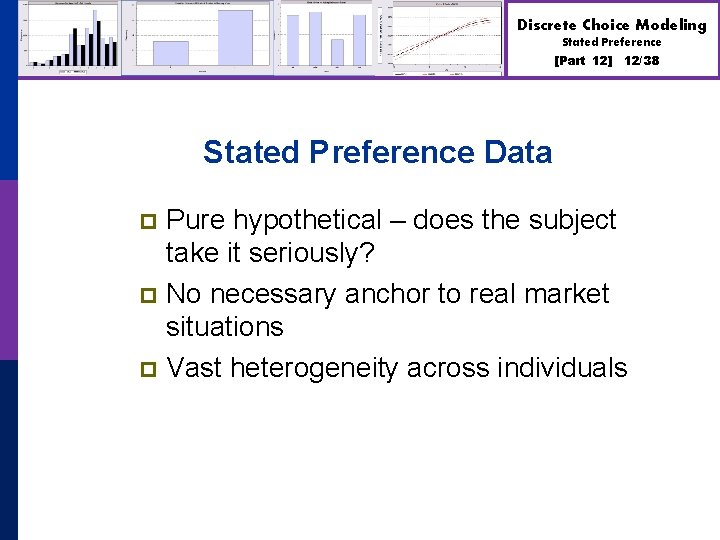 Discrete Choice Modeling Stated Preference [Part 12] 12/38 Stated Preference Data Pure hypothetical –