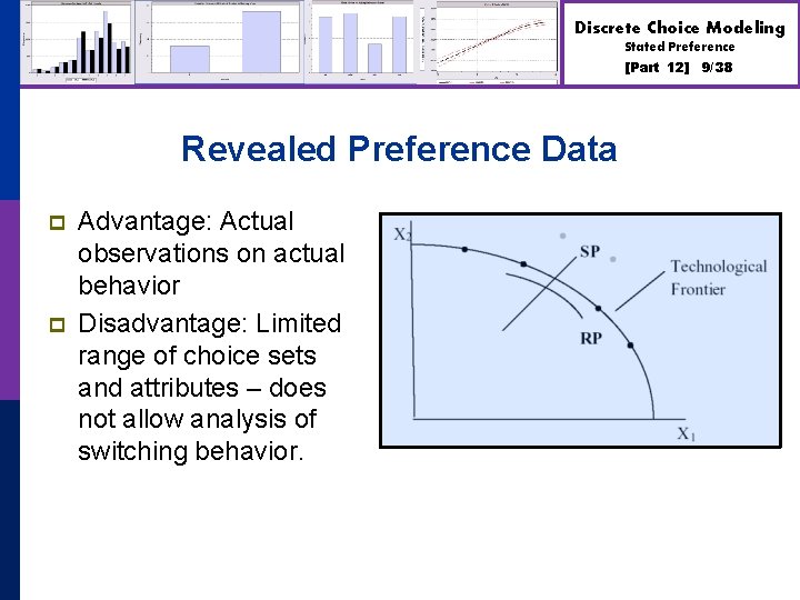 Discrete Choice Modeling Stated Preference [Part 12] Revealed Preference Data p p Advantage: Actual