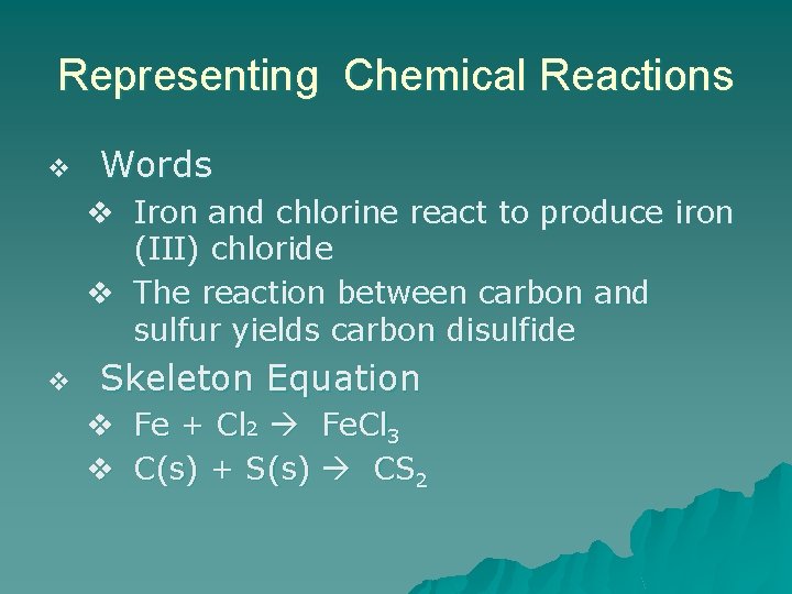 Representing Chemical Reactions v Words v Iron and chlorine react to produce iron (III)