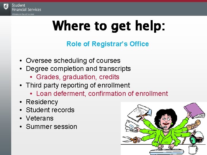Where to get help: Role of Registrar’s Office • Oversee scheduling of courses •