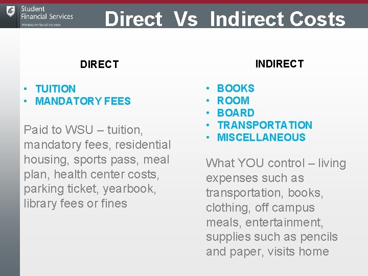 Direct Vs Indirect Costs INDIRECT • TUITION • MANDATORY FEES Paid to WSU –