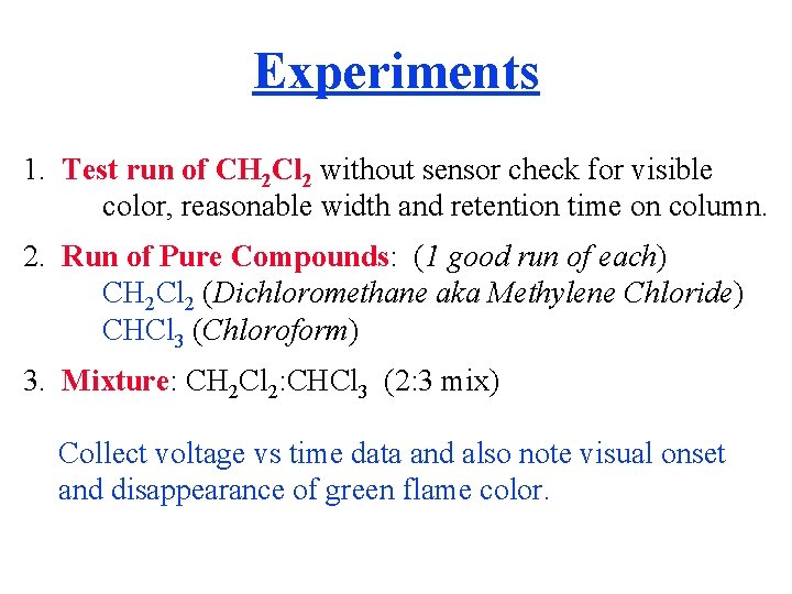 Experiments 1. Test run of CH 2 Cl 2 without sensor check for visible