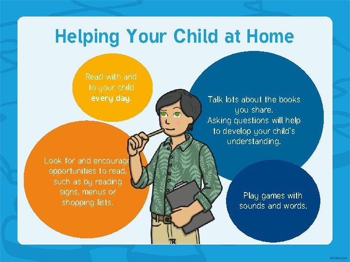 Helping Your Child at Home Read with and to your child every day. Look