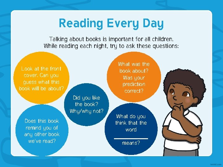 Reading Every Day Talking about books is important for all children. While reading each