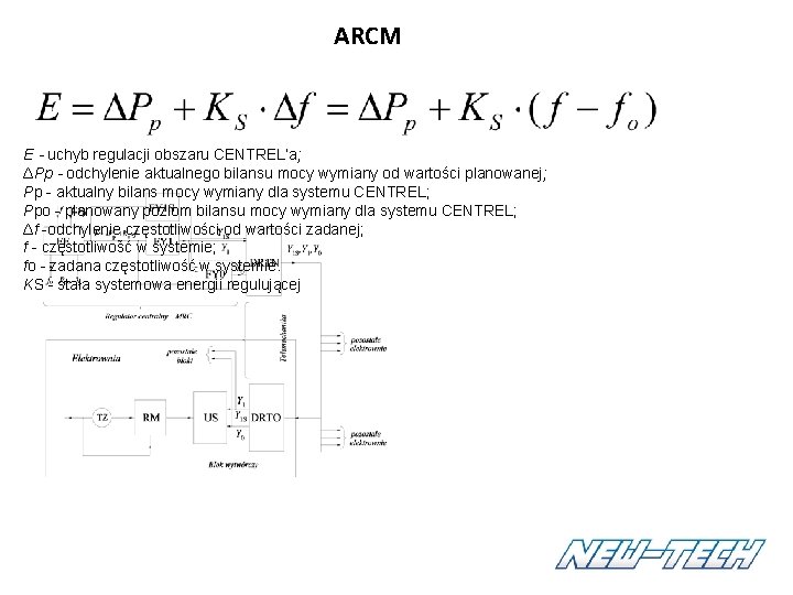 ARCM E - uchyb regulacji obszaru CENTREL’a; ΔPp - odchylenie aktualnego bilansu mocy wymiany