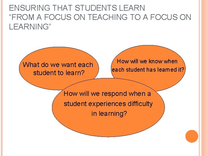 ENSURING THAT STUDENTS LEARN “FROM A FOCUS ON TEACHING TO A FOCUS ON LEARNING”