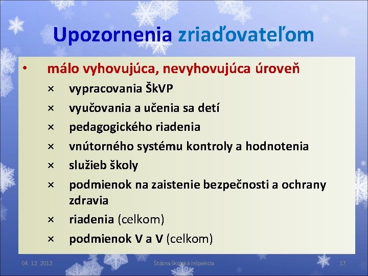 Upozornenia zriaďovateľom • málo vyhovujúca, nevyhovujúca úroveň × × × × 04. 12. 2012